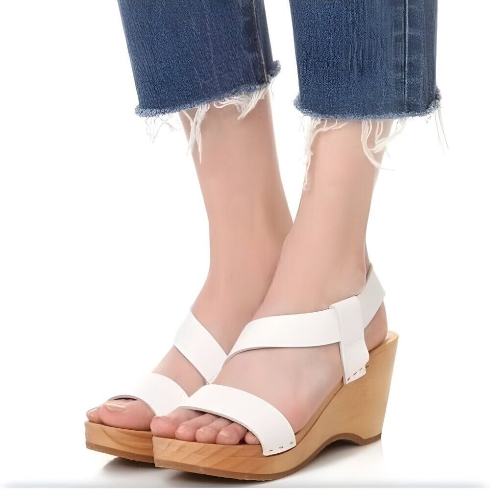 Free People Dune White Leather Strappy Wooden Wedge Beach Clog Sandals Size 38
